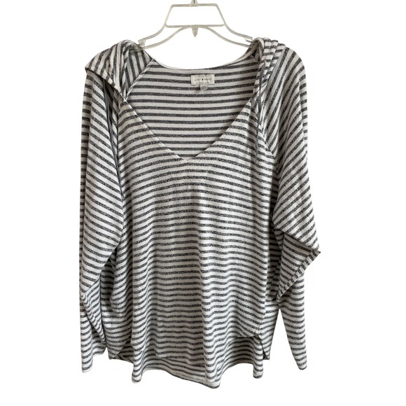 Lucky Brand Tops - Lucky Brand Womens Striped Hooded Pullover V-Neck Lightweight Sweater Grey Large